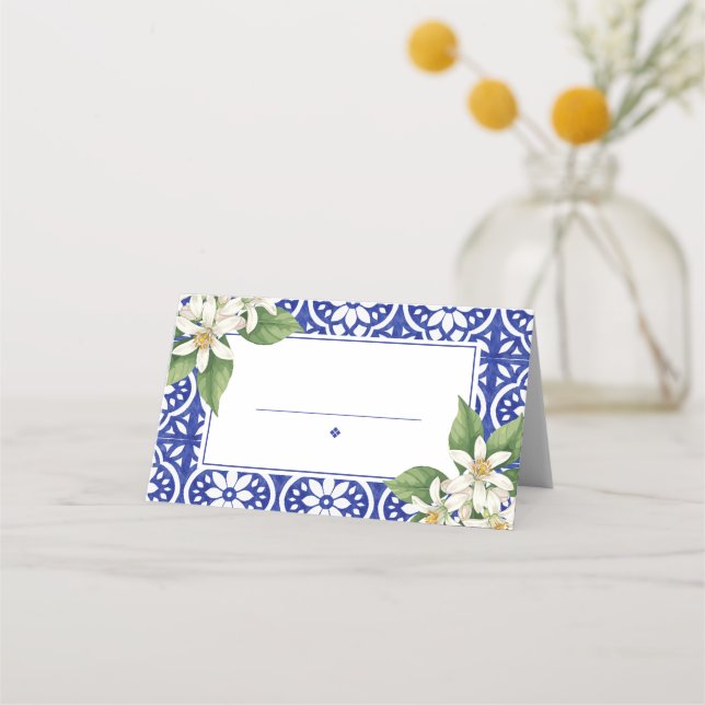 Italian Summer Blue Tile Wedding Place Cards (Front)