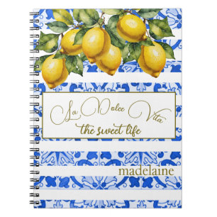 Italian Summer Lemon Botanical Blue TileStripe  Notebook