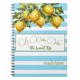 Italian Summer Lemon Botanical Blue White Stripe Notebook