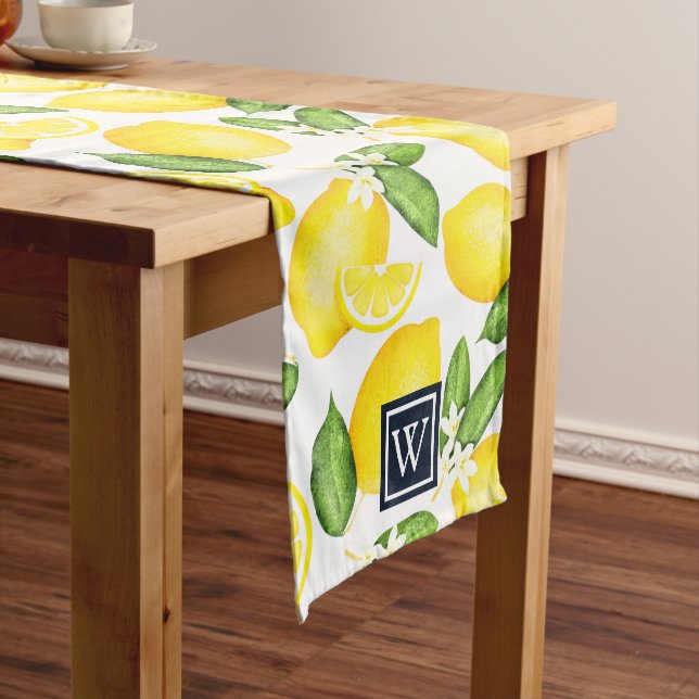 Italian Summer Lemon Navy Blue Monogram Long Table Runner (In Situ)