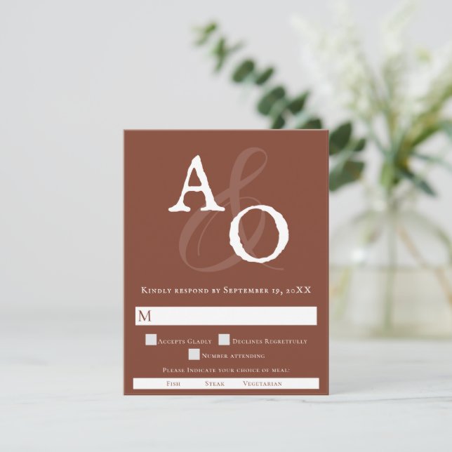 Italian Sunset Orange Minimalist Monogram Wedding RSVP Card (Standing Front)