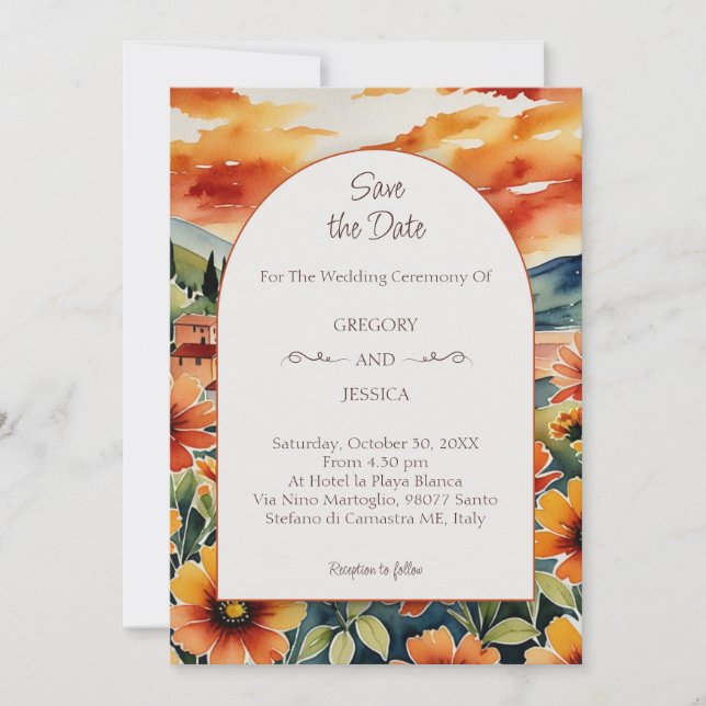 Italian Sunset Watercolor Save the Date Wedding Invitation (Front)