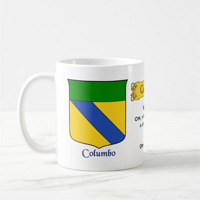 Italian Surname Columbo Heraldic Shield and Blazon Coffee Mug (Left)
