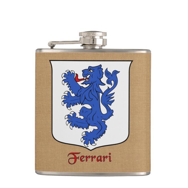 Italian Surname Ferrari  Heraldic Shield Hip Flask (Front)