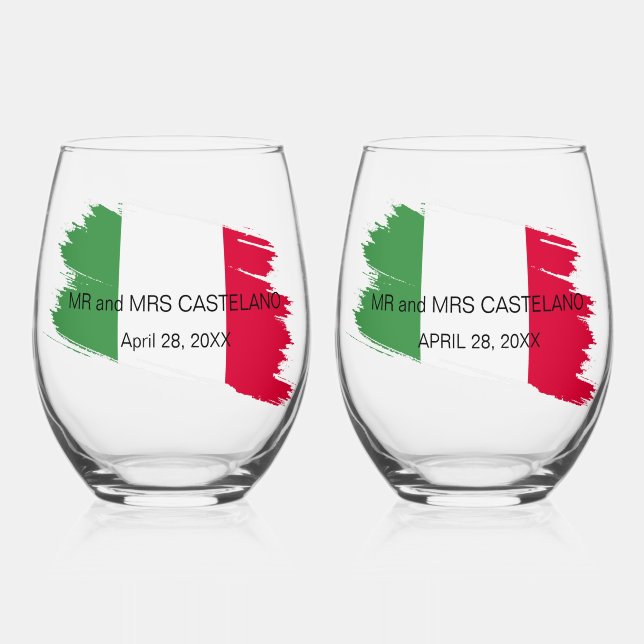 Italian Surname Name Custom Flag Colours Reunion Stemless Wine Glass (Front)
