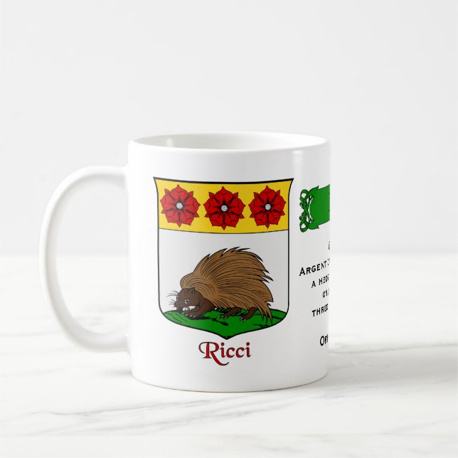 Italian Surname Ricci Heraldic Shield and Blazon Coffee Mug (Left)