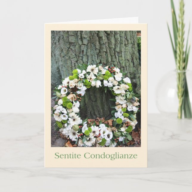 Italian Sympathy White flower wreath near tree Card (Front)