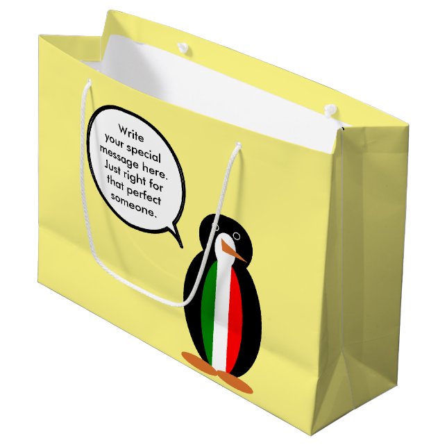 Italian Talking Ms Penguin Personalised  Large Gift Bag (Front Angled)
