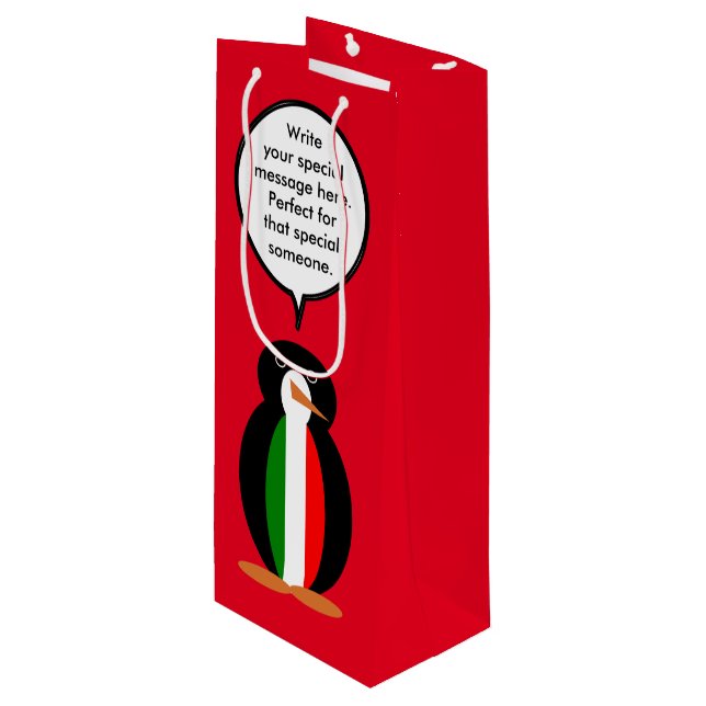 Italian Talking Ms Penguin Personalised  Wine Gift Bag (Front Angled)