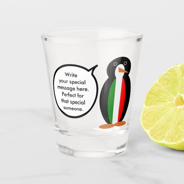 Italian Talking Ms Penguin Personalized  Shot Glass (Front)
