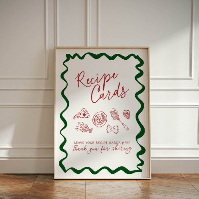 Italian Thats Amore Bridal Shower Recipe Cards Pedestal Sign (Italian pizza and pasta themed recipe cards sign)