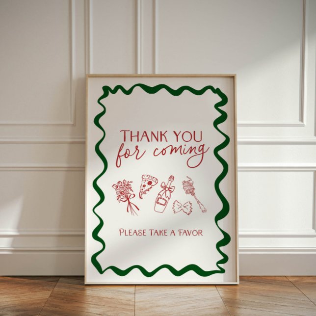Italian That's Amore Bridal Thank You for Coming Pedestal Sign (Thank you for coming favors sign with Italian pizza illustrations)