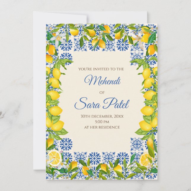 Italian theme decor & Mediterranean Mendhi invites (Front)