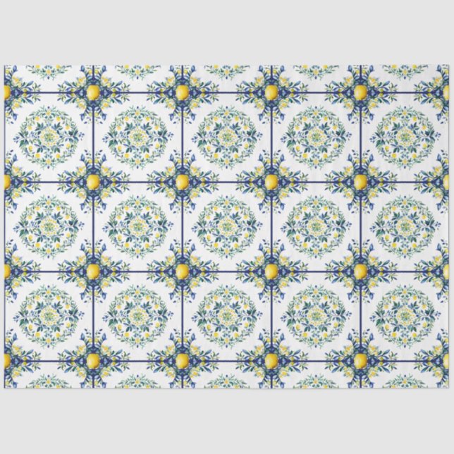 Italian Tile Blue and White Floral Lemon Decoupage Tissue Paper (Front)