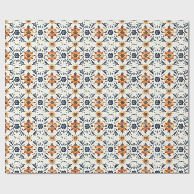 Italian Tile Gift Wrap, Terracotta Blue Pattern Wrapping Paper (Flat)