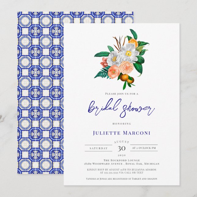 Italian Tile Mediterranean Floral Bridal Shower Invitation (Front/Back)