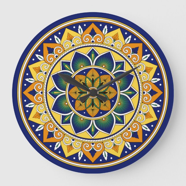 Italian Tile Pattern – Peacock motifs majolica Large Clock (Front)