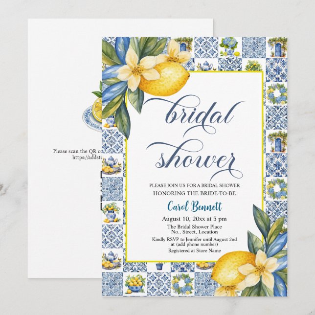 Italian Tiles Lemon Theme Summer Bridal Shower Invitation (Front/Back)