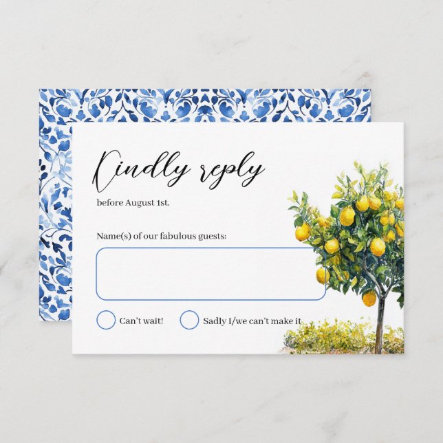 Italian Tiles Lemon Tree Watercolor Wedding  RSVP Card (Front/Back)