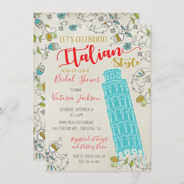 Italian Tower of Pisa Bridal Shower invitations (Front/Back)