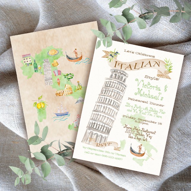Italian Tower of Pisa Watercolor Map Invitation (Creator Uploaded)
