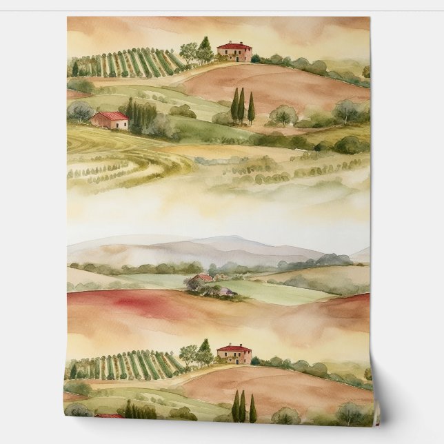 Italian Tuscany Countryside Watercolor Wallpaper (Unrolling)