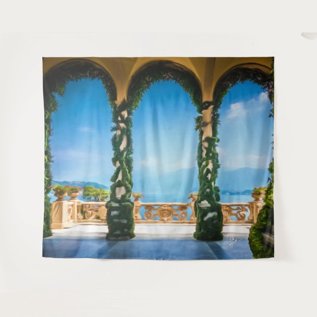 Italian Villa Beach Scene Turquoise Blue Sea Tapestry (Front (Horizontal))