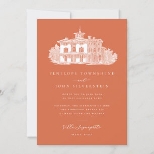 Italian Villa Drawing Terracotta Orange Wedding Invitation