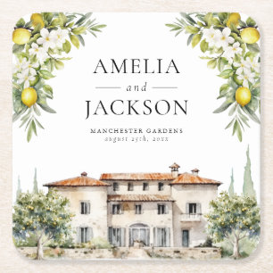 Italian Villas Lemons & Olives Square Paper Coaster