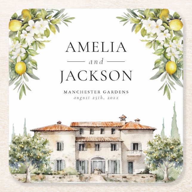 Italian Villas Lemons & Olives Square Paper Coaster (Front)