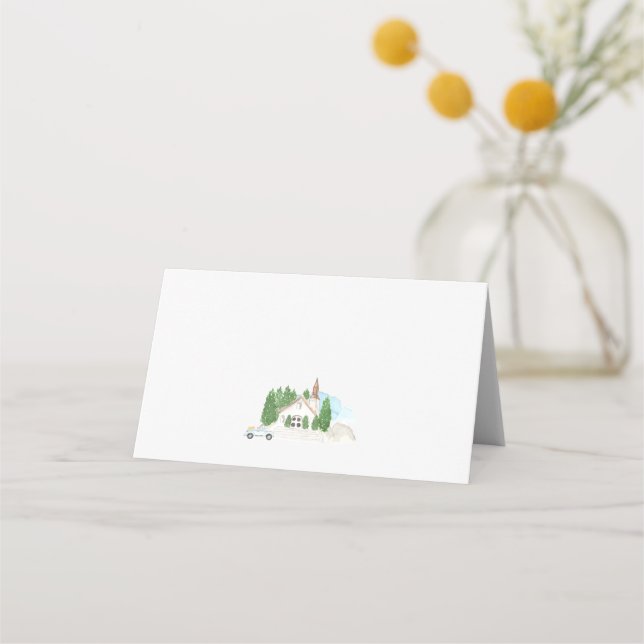 Italian Watercolor House Mountain Wedding Place Card (Front)