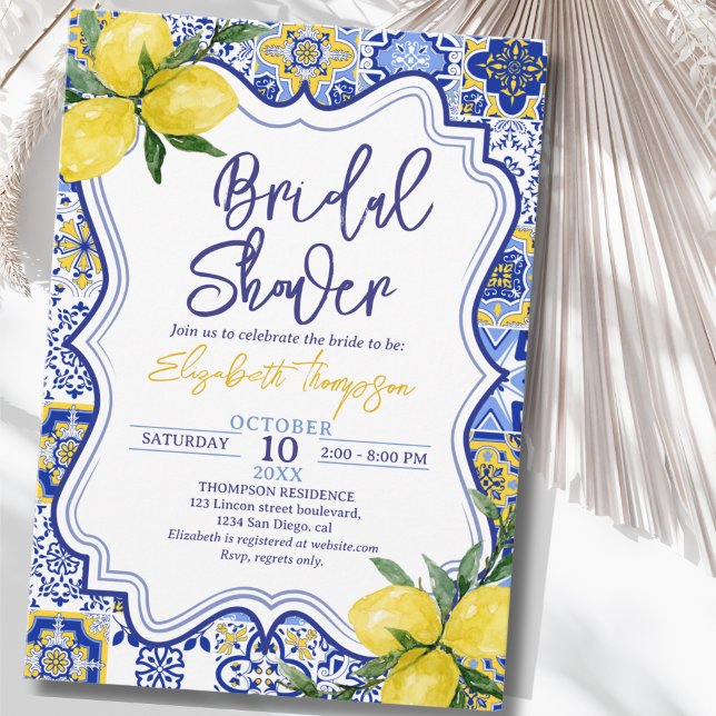 Italian watercolor tiles with lemon Bridal Shower Invitation (Creator Uploaded)