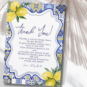 Italian watercolor tiles with lemon Bridal Shower Thank You Card