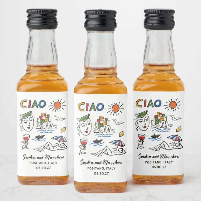 Italian Wedding Whimsical Hand Drawn Amalfi Coast  Liquor Bottle Label (Bottles)