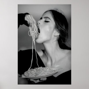 Italian Woman Spaghetti Print, Black and White Poster