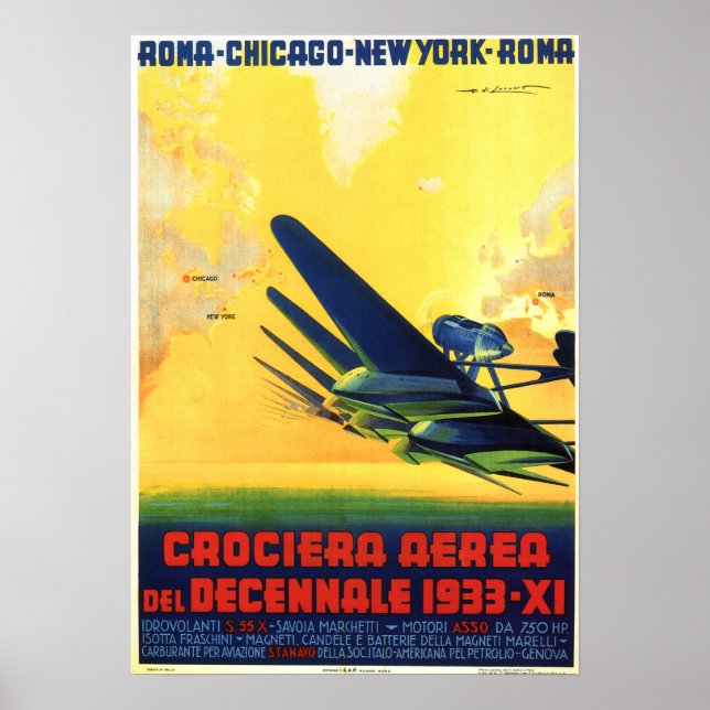 ITALY 1933 DECENNIAL AIR CRUISE Vintage Aviation Poster (Front)