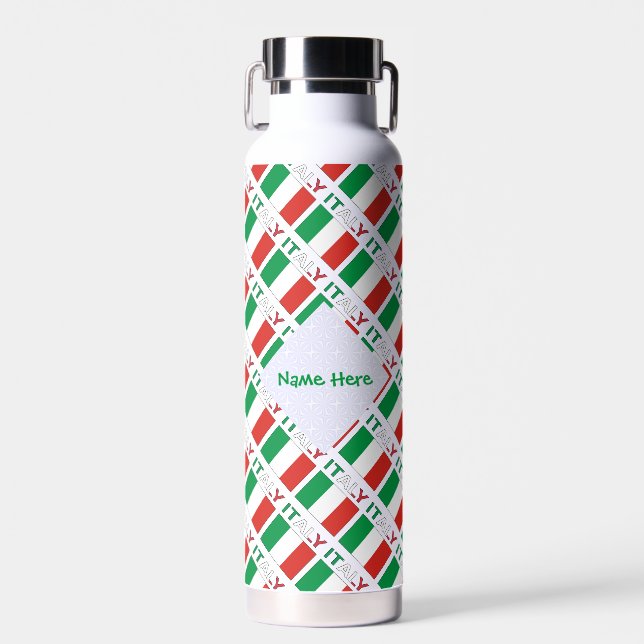 Italy and Italian Flag Tiled Green Personalisation Water Bottle (Front)