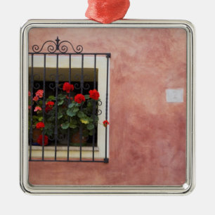 Italy, Asciano, Window Boxes with Fresh Spring Metal Tree Decoration