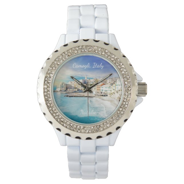 Italy Beach Mediterranean Sea Painting Monogram Watch (Front)