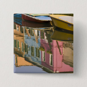 Italy, Burano. Boats on a canal with 15 Cm Square Badge