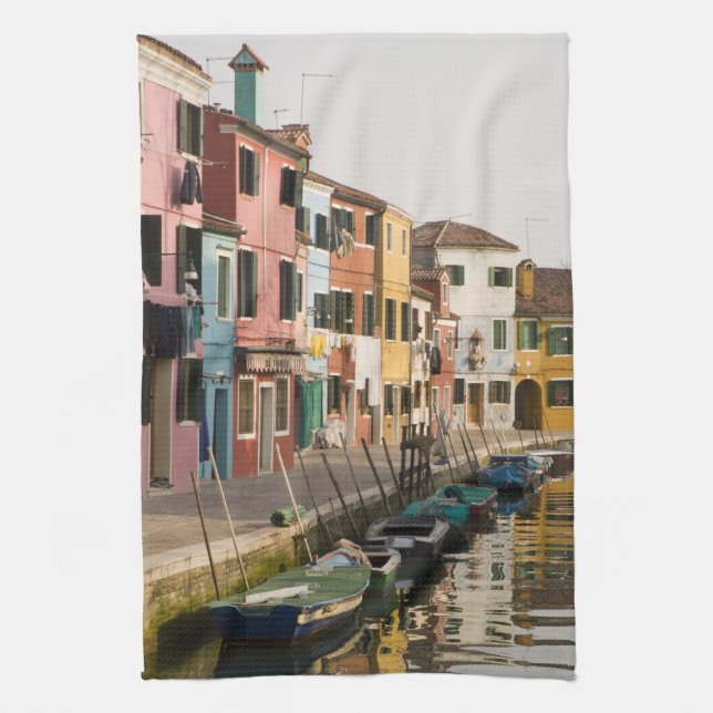 Italy, Burano. Colourful houses of line a Tea Towel (Vertical)