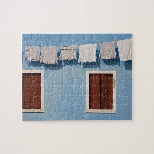 Italy, Burano. Hanging laundry and windows along Jigsaw Puzzle (Horizontal)