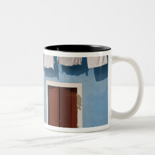 Italy, Burano. Hanging laundry and windows along Two-Tone Coffee Mug