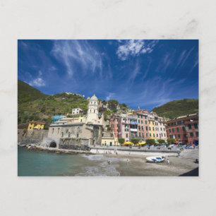 Italy, Cinque Terre, Vernazza, Harbour and Church  Postcard