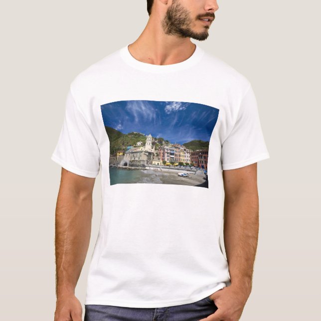 Italy, Cinque Terre, Vernazza, Harbour and Church T-Shirt (Front)