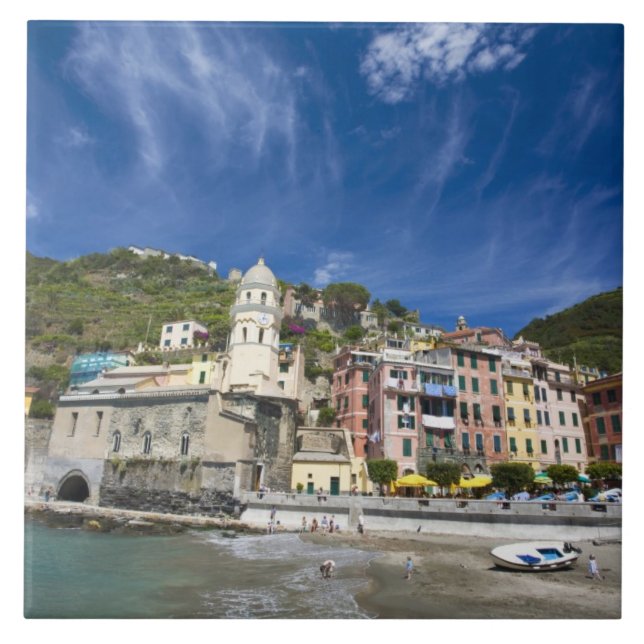 Italy, Cinque Terre, Vernazza, Harbour and Church Tile (Front)
