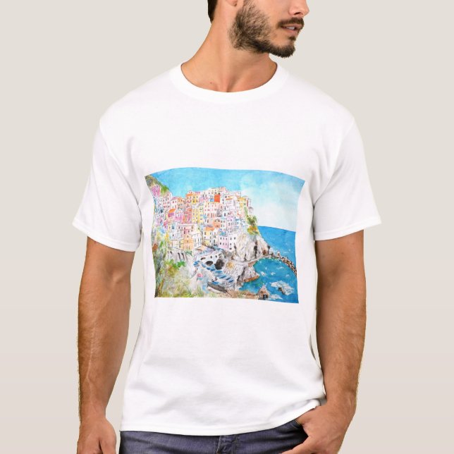 Italy Cinque Terre watercolor painting T-Shirt (Front)