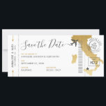 Italy Destination Boarding Pass Save the Date Gold Invitation<br><div class="desc">Boarding pass save the date for a destination wedding anywhere in Italy, featuring a faux gold foil country map of Italy, a cute aeroplane, and a personalised custom wedding passport stamp with your names, wedding date, and location. All fonts, text, and colours are editable aside from the gold globe image,...</div>