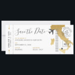 Italy Destination Boarding Pass Save the Date Gold Invitation<br><div class="desc">Boarding pass save the date for a destination wedding anywhere in Italy, featuring a faux gold foil country map of Italy, a cute aeroplane, and a personalised custom wedding passport stamp with your names, wedding date, and location. All fonts, text, and colours are editable aside from the gold globe image,...</div>