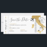 Italy Destination Boarding Pass Save the Date Gold Invitation<br><div class="desc">Boarding pass save the date for a destination wedding anywhere in Italy, featuring a faux gold foil country map of Italy, a cute aeroplane, and a personalised custom wedding passport stamp with your names, wedding date, and location. All fonts, text, and colours are editable aside from the gold globe image,...</div>